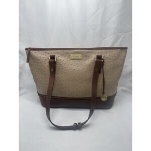 Brahmin Tote Shoulder Bag Purse Brown Tan Ostrich w/ Leather Straps